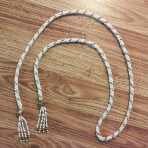 49" Long Necklace or Belt White and Gold Beads Beautiful. - Picture 2 of 5